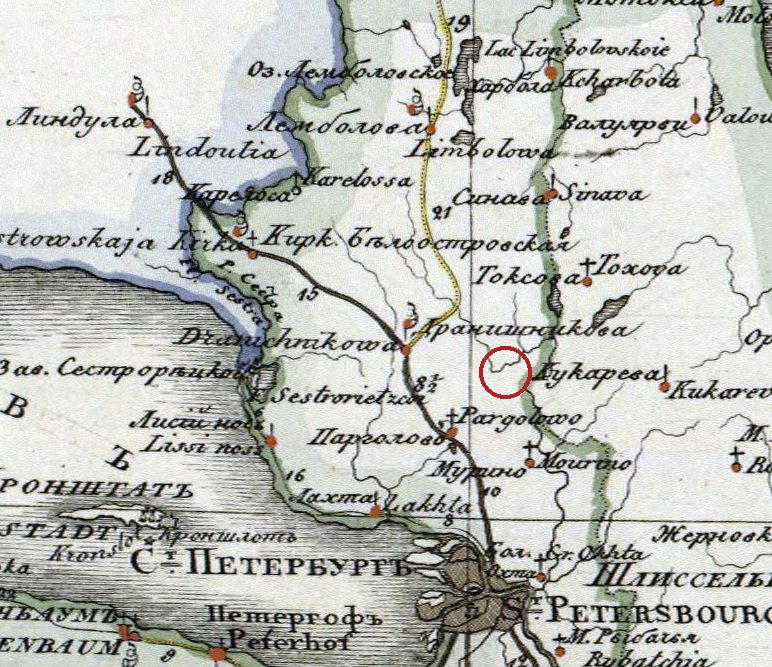 Фрагмент карты 1820 года: Петербург, Парголово, Драничникова, Токсово; кружком отмечено примерное место Юкков